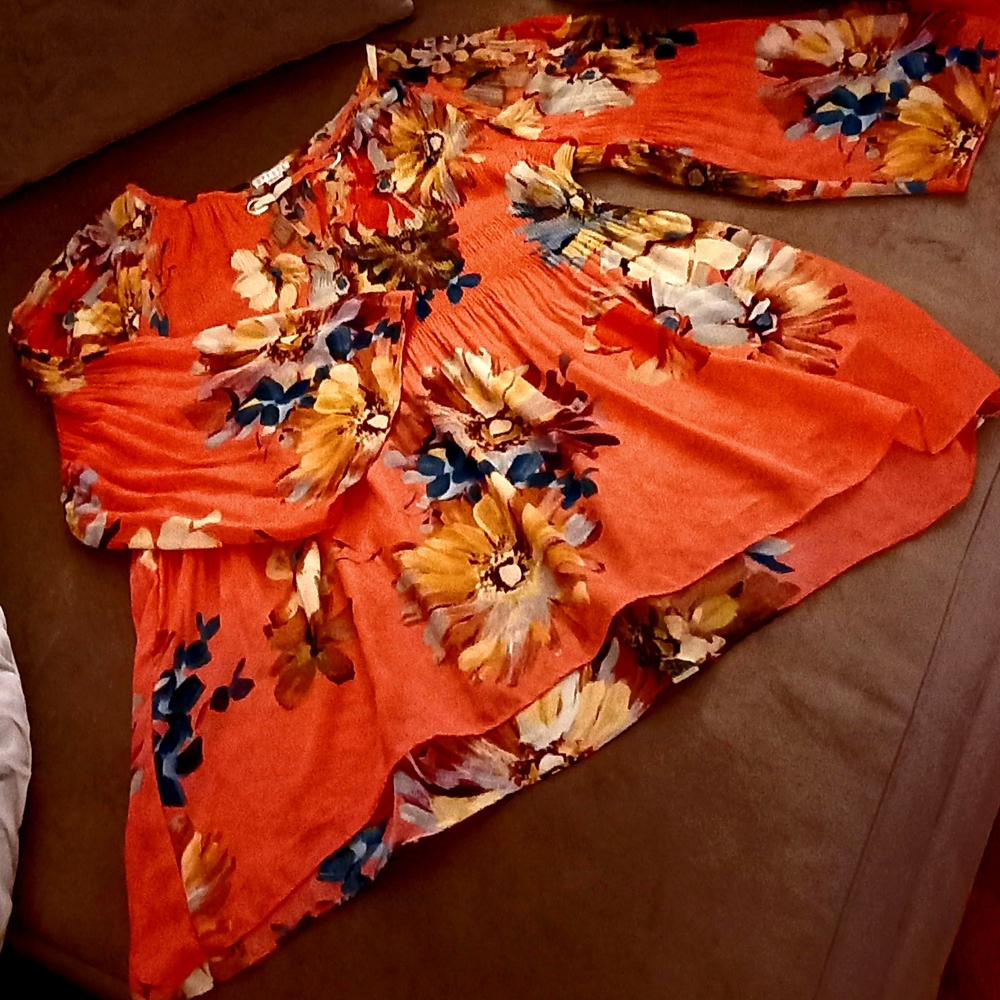 Spense Blue and Orange Asymmetrical Ruffled Blouse